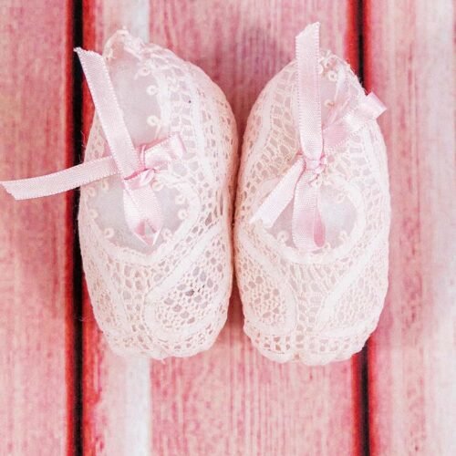 lace baby christening shoes fully hand made in the colours white, blue and pink
