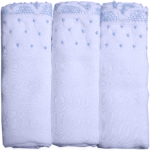 cotton baby muslin burp cloth adorned with baby blue handmade lace trims and hand embroidered