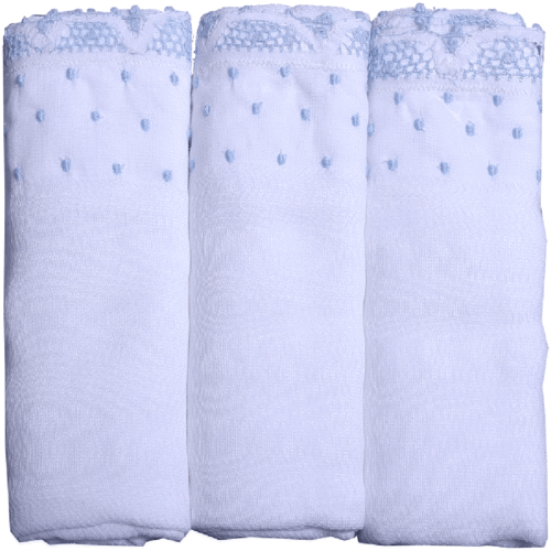 cotton baby muslin burp cloth adorned with baby blue handmade lace trims and hand embroidered