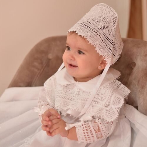 baby long christening gown lavishly embellished with hand made lace and hand embroidered