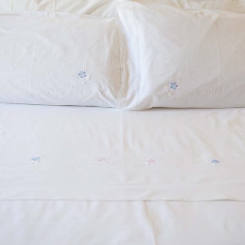 white cotton flat sheet with two matching pillowcases hand embroidered in Portugal