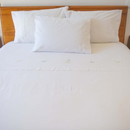 white cotton flat sheet plus one pillowcase hand embroidered in Portugal