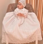 baby christening gown lavishly embellished with hand made lace and hand embroidered