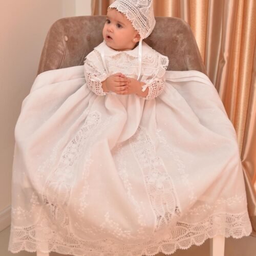 baby christening gown lavishly embellished with hand made lace and hand embroidered