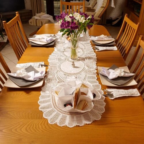 White Lace Table Runner Lavishly Embellished with Hand Embroidery and Hand Made Lace