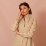 beige cotton long sleeve shirt for women with handmade lace trims