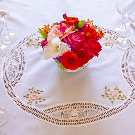 white cotton round table cloth embellished with hand embroidery and handmade lace trims