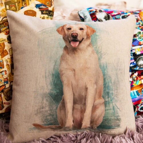 cushion cover depicting a lovely labrador dog on the front