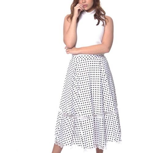 white and blue polka dot women flare skirt with bobbin lace trims