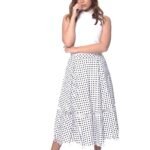 Pleated Cotton Midi Skirt White and Black Polka Dot with Bobbin Lace Trims - Image 2