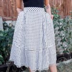 Pleated Cotton Midi Skirt White and Black Polka Dot with Bobbin Lace Trims - Image 6