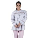 gray cotton puff long sleeve blouse for women for work adorned with bobbin lace