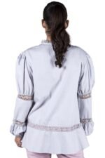 Gray Cotton Puff Sleeve Blouse with Bobbin Lace Trims - Image 2