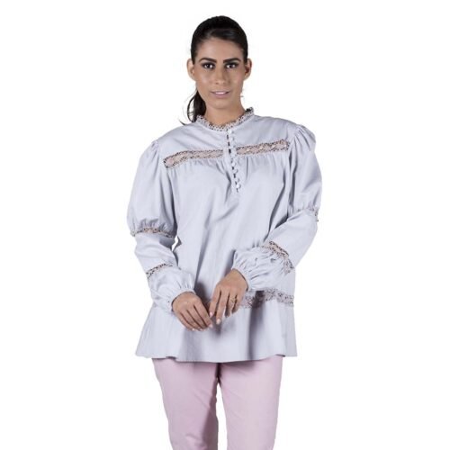 gray cotton puff long sleeve blouse for women for work adorned with bobbin lace