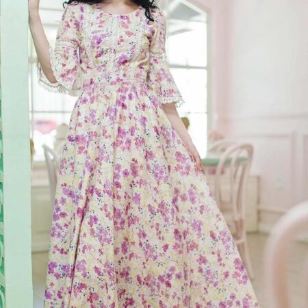 Pink Floral Fusion Women Maxi Dress with Bell Sleeves