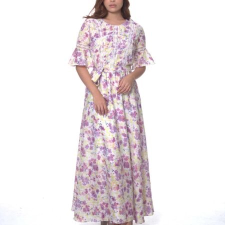 Pink Floral Fusion Women Maxi Dress with Bell Sleeves
