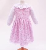 sweet floral pink long sleeve girl dress with ruffled collar and beautiful scalloped handmade lace edging trim on the hem