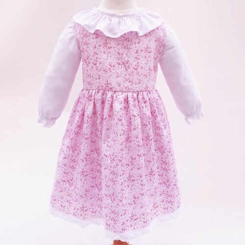 sweet floral pink long sleeve girl dress with ruffled collar and beautiful scalloped handmade lace edging trim on the hem