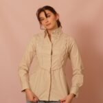 beige cotton long sleeve shirt for women with handmade lace trims