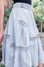 Soft Gray Cotton Flounce Skirt with Bobbin Lace Trims for Work