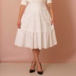 white cotton flared skirt with bobbin lace trims
