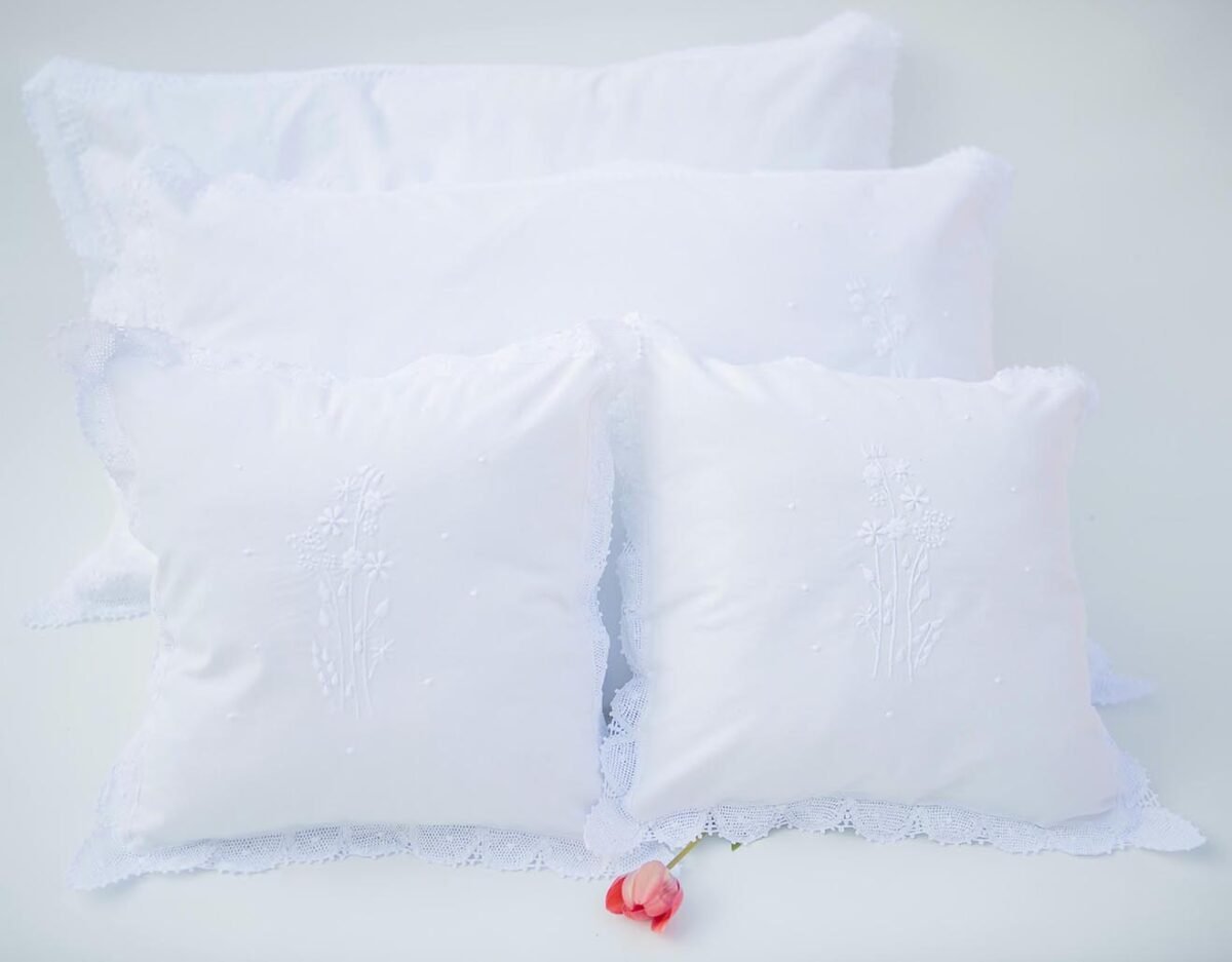 White Cotton Cushion Covers Hand Embroidered and Embellished with Handmade Lace Trims