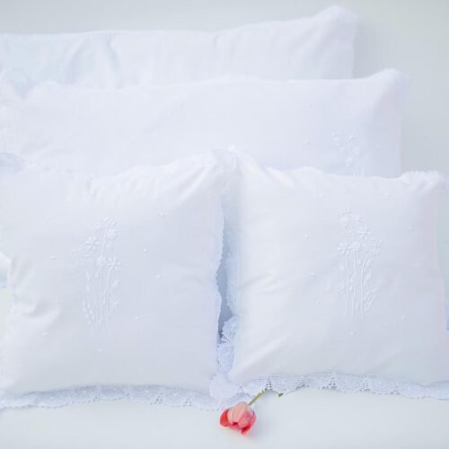White Cotton Cushion Covers Hand Embroidered and Embellished with Handmade Lace Trims