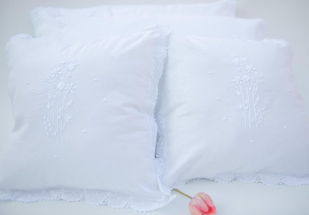 white cotton cushion covers hand embroidered embellished with handmade lace trims