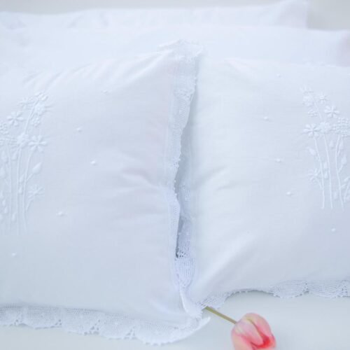 white cotton cushion covers hand embroidered embellished with handmade lace trims
