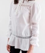 white cotton puff long sleeve shirt for women for work adorned with bobbin lace