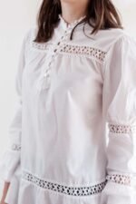 Gray Cotton Puff Sleeve Blouse with Bobbin Lace Trims - Image 8