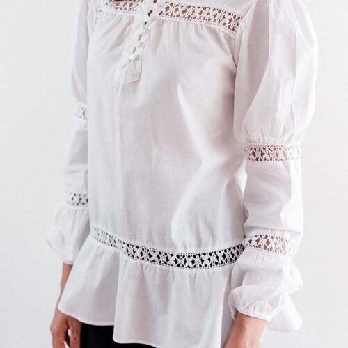 white cotton puff long sleeve shirt for women for work adorned with bobbin lace
