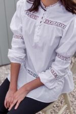 Gray Cotton Puff Sleeve Blouse with Bobbin Lace Trims - Image 9