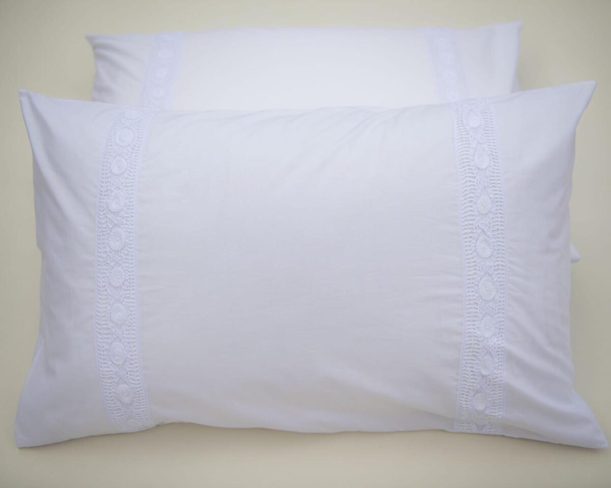 White Cotton Pillow Covers with Handmade Lace Trims Across the Front - Image 2