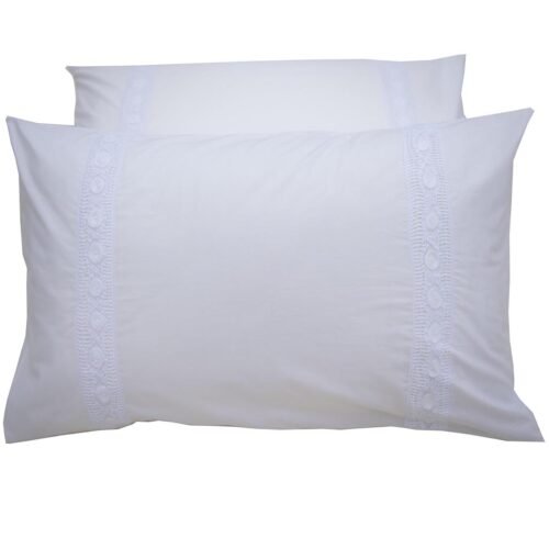 White Cotton Pillowcases adorned with two wide handmade Lace Trims Across Them