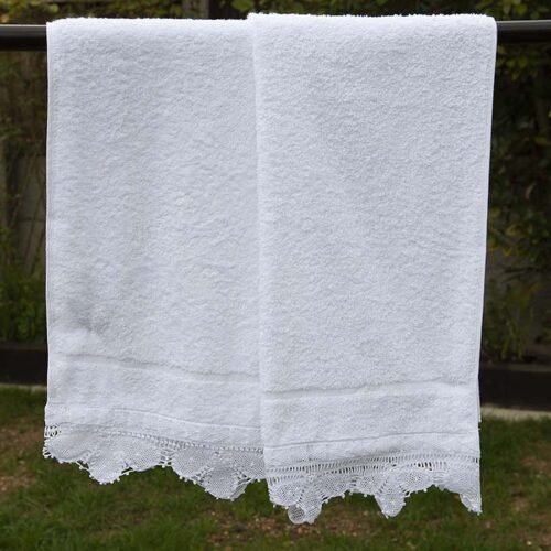 white hand towel Egyptian Cotton with a wide handmade lace Trim on one end