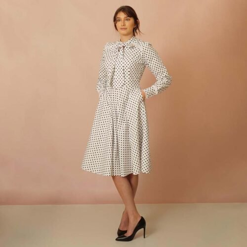 Women Cotton Midi Dress with Long Sleeves and bobbin Lace Trims